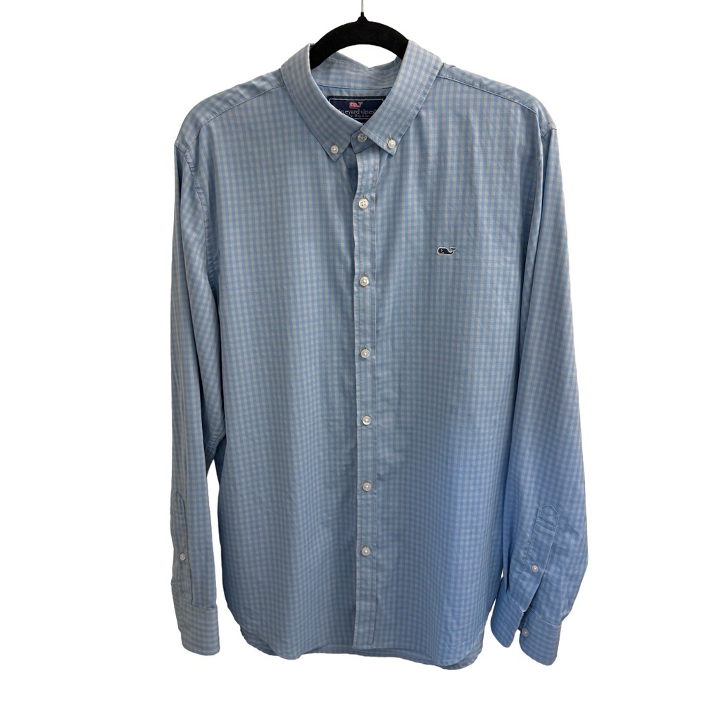 Vineyard Vines Men’s Light Blue Gingham Slim Fit Button-Down Shirt | Large